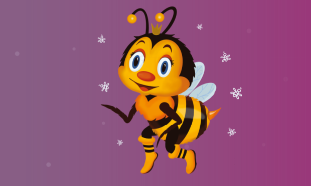 Eine fröhliche Zeichnung einer Biene mit freundlichem Gesicht auf einem lila Hintergrund.