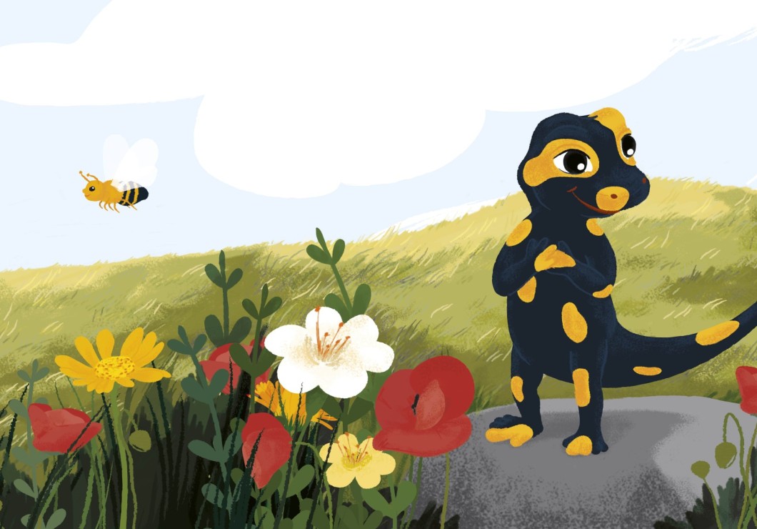 Flammi auf Wiese mit Blumen