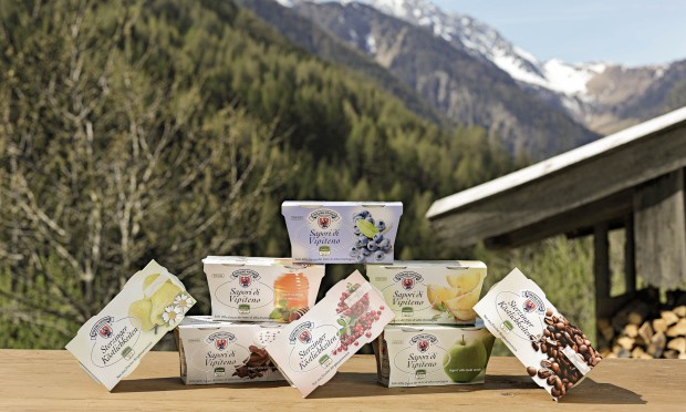 Verschiedene Milchprodukte aus Sterzing sind auf einem Holztisch in den Bergen dekorativ arrangiert.