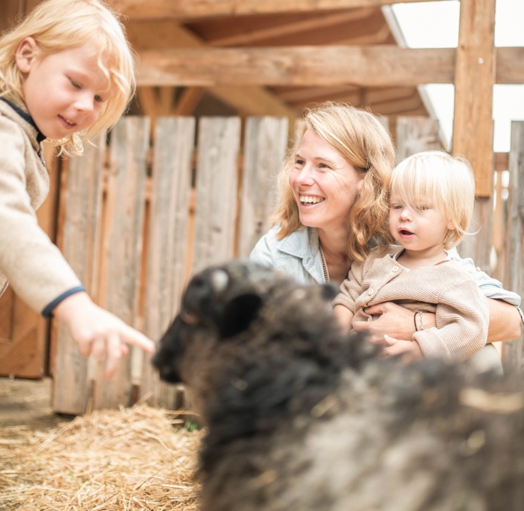Schaf und Familie auf der Feuerstein Farm im Familienhotel Feuerstein in Südtirol
