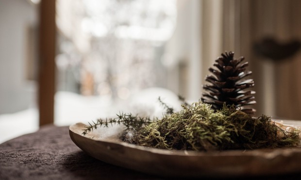 Eine Nahaufnahme einer Tannenzapfen-Dekoration mit einem unscharfen winterlichen Hintergrund.
