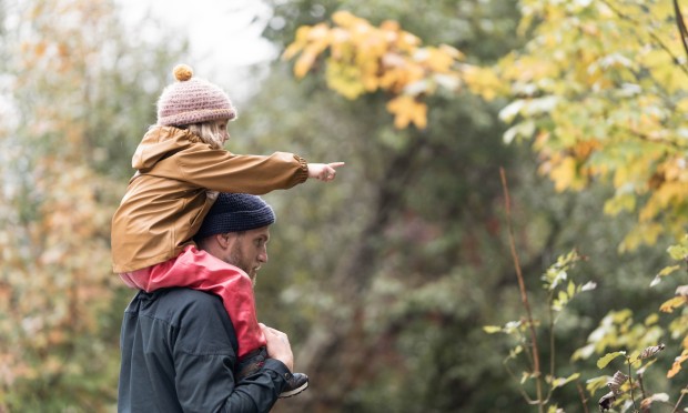 Ein Kind sitzt auf den Schultern eines Erwachsenen in einer herbstlichen Landschaft.