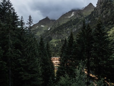 Blick auf das Hotel Fuerstein durch den Wald