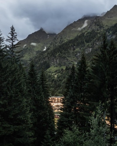 Blick auf das Hotel Fuerstein durch den Wald