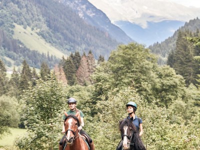 2 Personen auf Pferd reiten durch eine Wiese