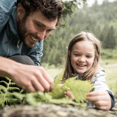Kleines Mädchen mit Vater begutachten eine Pflanze