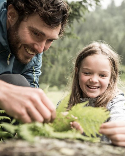 Kleines Mädchen mit Vater begutachten eine Pflanze